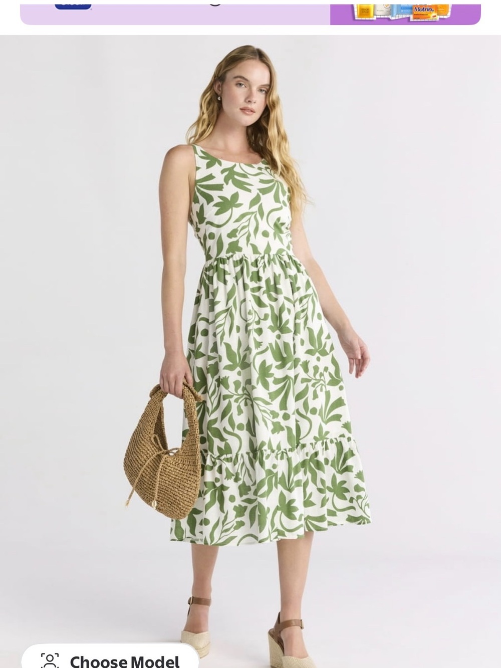 Time and Tru White Midi Dress with Green Leaf Print